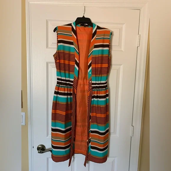 Alex Marie Sleeveless Button Front Waist Tie Mini Dress, Orange and Blue Size 10 - Picture 3 of 6